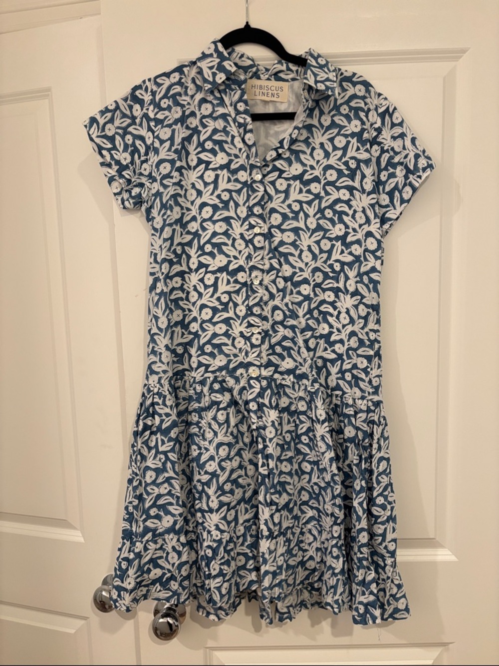Hibiscus Linens Blue & White Floral Shirt Dress